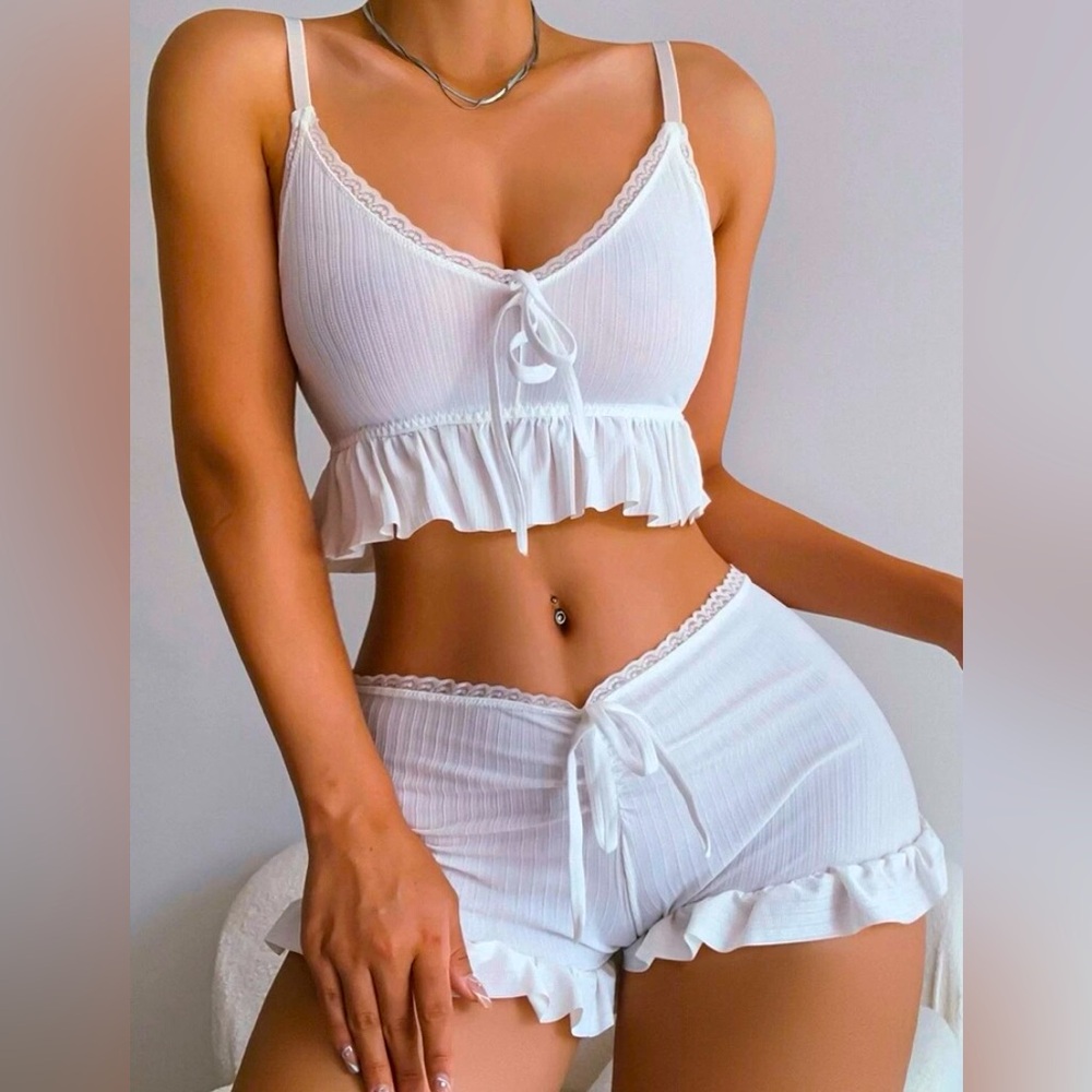 Ruffle Trim Tie Front Bra & Boyshorts Lingerie Set
